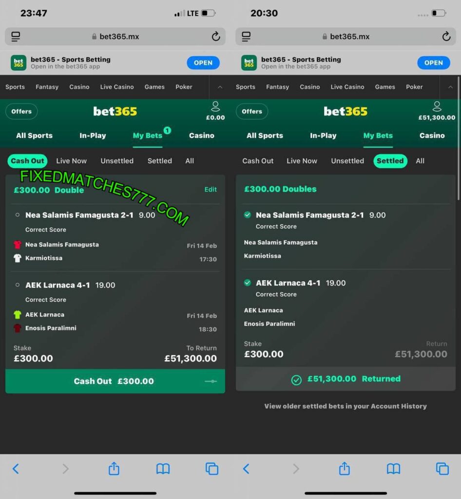 CORRECT SCORE FIXED MATCHES TIPS BET365